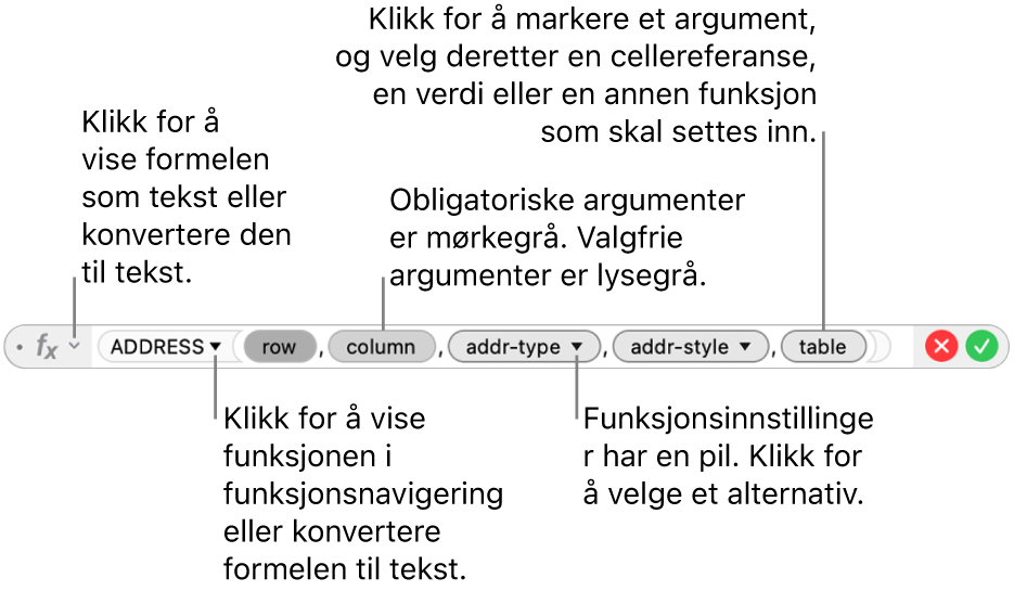 Formelredigeringen viser ADRESSE-funksjonen og argumentbobler.