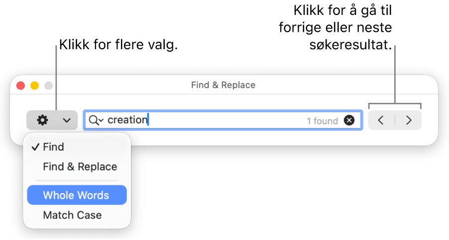 Søk og erstatt-vinduet, med lokalmenyen viser alternativer for Finn, Søk og erstatt, Hele ord og Store/små bokstaver. Pilene til høyre lar deg hoppe til forrige eller neste søkeresultat.