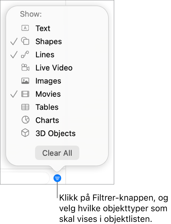 Filtrer-lokalmenyen er åpen og viser en liste over objekttypene som listen kan inneholde (tekst, figurer, linjer, bilder, filmer, tabeller og diagrammer).