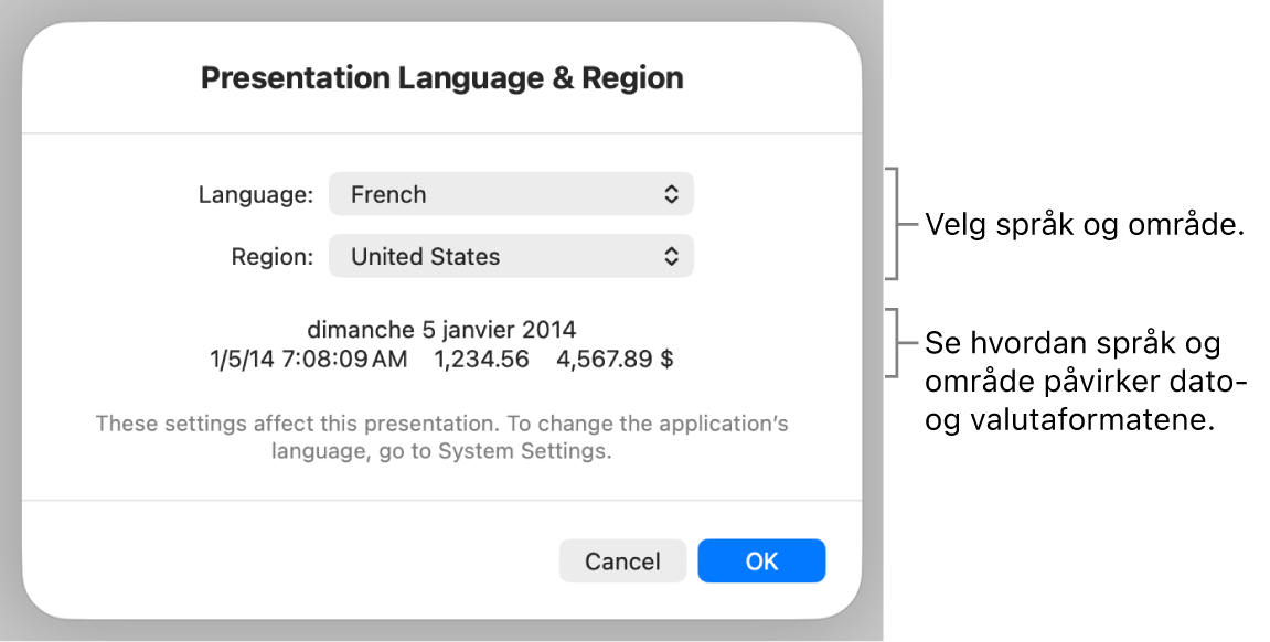 Språk og region-panelet med kontroller for språk og område, og et formateksempel med dato, klokkeslett, desimaler og valuta.