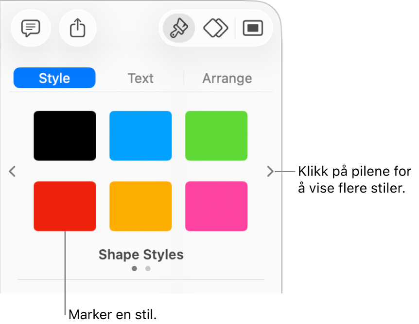 Stil-fanen i Format-sidepanelet, med seks objektstiler og navigeringspiler til venstre og høyre.