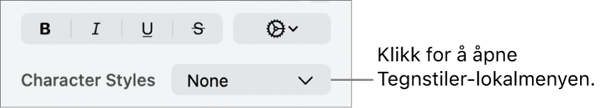Tegnstiler-lokalmenyen under kontroller for å endre tekststil og farge.