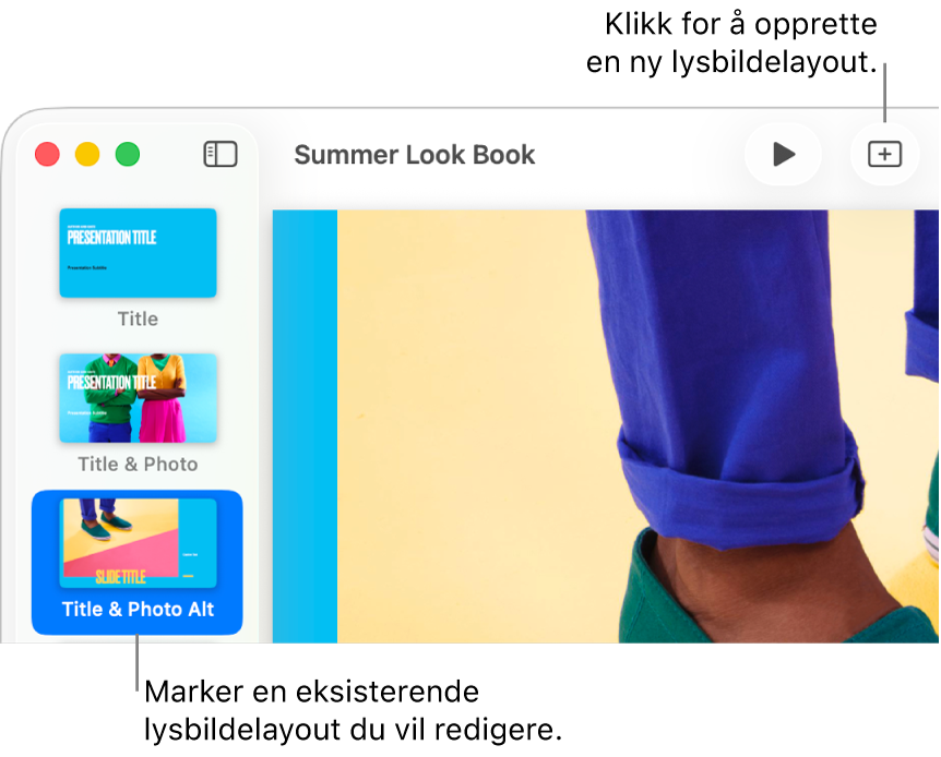 En lysbildelayout vises i lysbildelayoutområdet, med Legg til lysbilde-knappen over det i verktøylinjen.