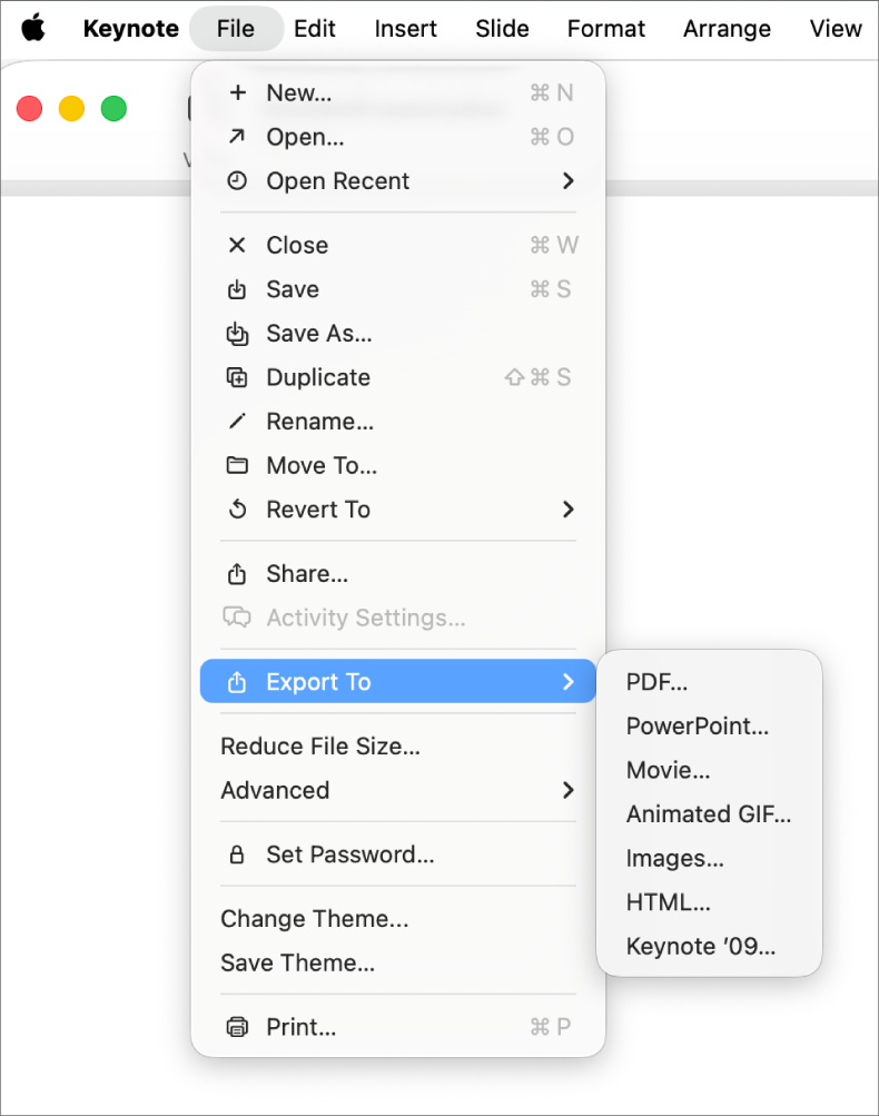 Otwarte menu Plik z wybranym poleceniem Eksportuj do i widocznym podmenu zawierającym opcje eksportu, takie jak PDF, PowerPoint oraz Film.