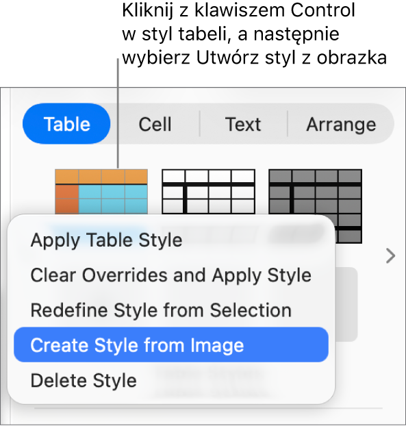 Menu podręczne stylu tabeli.