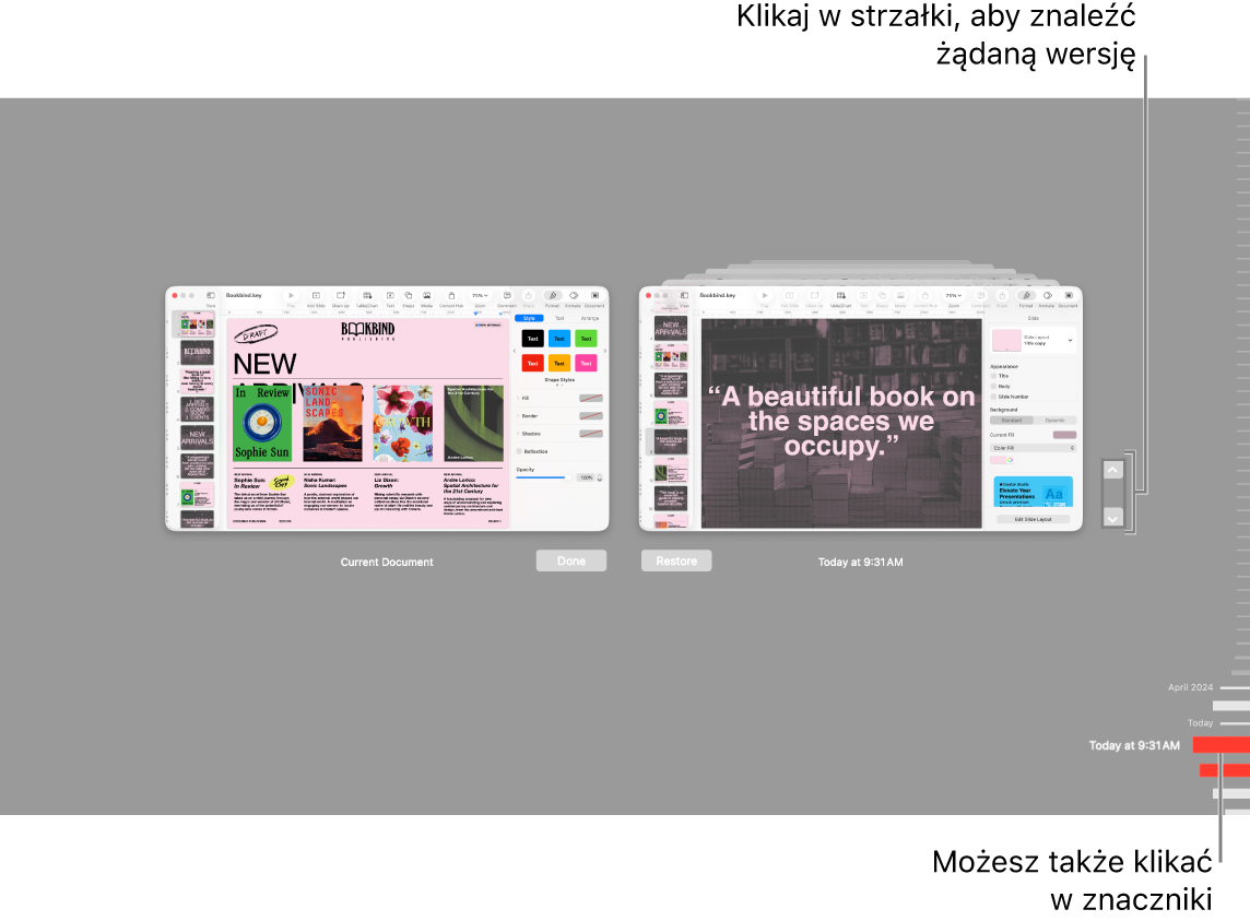 Widok przywracania wersji zawierający znaczniki i strzałki.