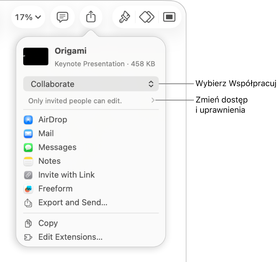 Menu udostępniania z opcją Współpracuj wybraną u góry oraz ustawieniami dostępu i uprawnień poniżej.