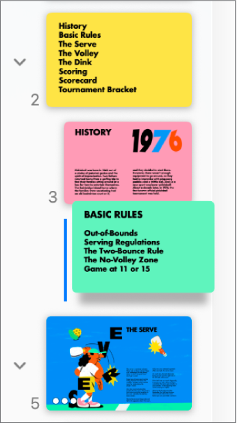 Nawigator slajdów pokazujący slajd z wcięciem oraz linię po lewej.