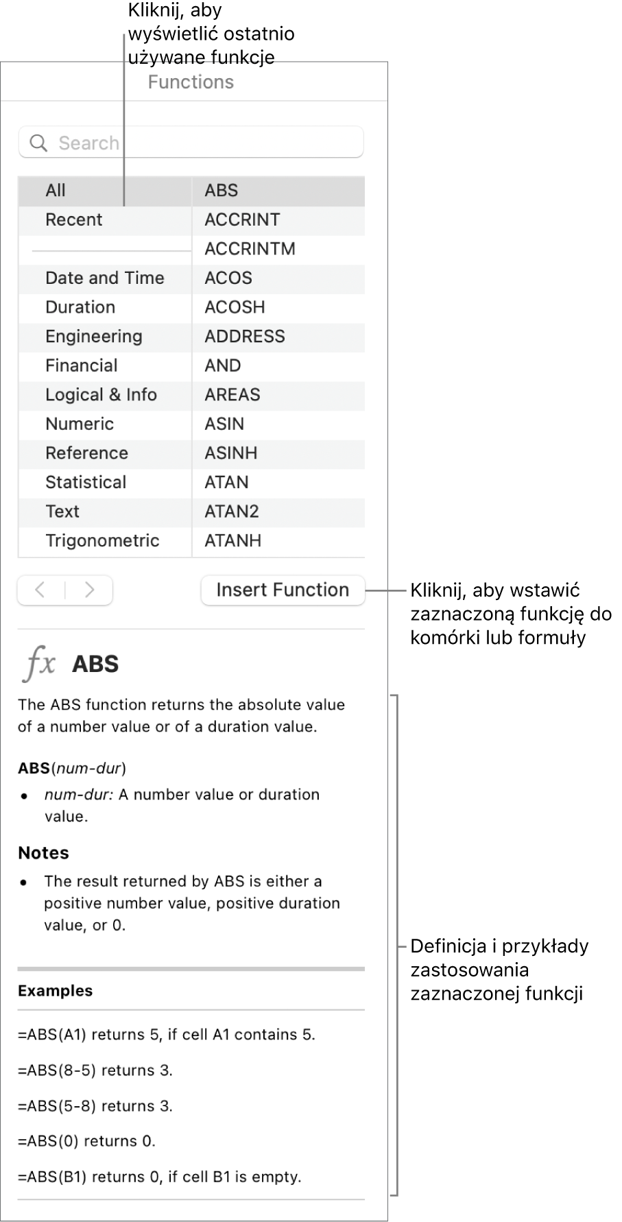 Przeglądarka funkcji z objaśnieniami wskazującymi ostatnio używane funkcje, przycisk wstawiania funkcji oraz definicję funkcji.