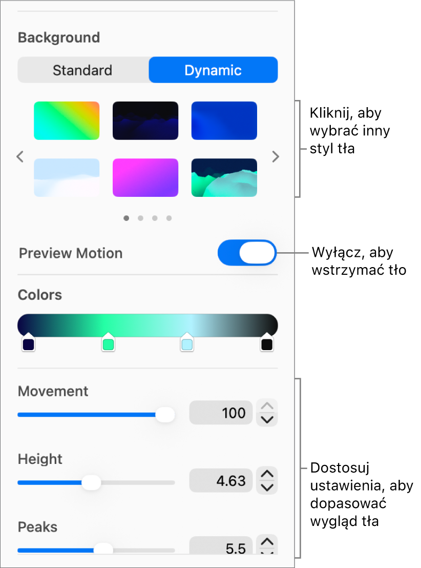 Przycisk Dynamiczny zaznaczony w sekcji Tło na pasku bocznym Format z pokazanymi dynamicznymi stylami tła, narzędziem Podgląd ruchu i narzędziami wyglądu.