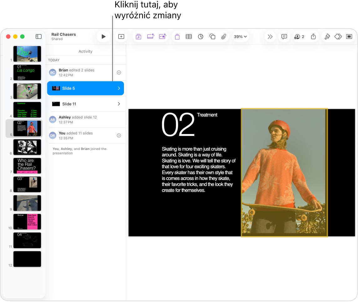 Opracowywana wspólnie prezentacja z otwartym menu współpracy i listą aktywności.