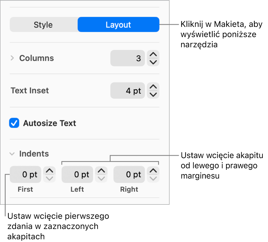 Sekcja Makieta na pasku bocznym Format, zawierająca narzędzia ustawiania wcięcia pierwszego wiersza oraz marginesów akapitu.