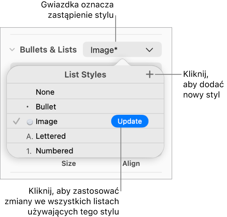 Menu podręczne Style listy z gwiazdką oznaczającą zastąpienie stylu oraz objaśnieniami przycisku Nowy styl oraz podmenu z opcjami zarządzania stylami.
