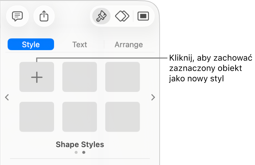 Karta Styl na pasku bocznym Format, zawierająca jeden styl pola tekstowego, przycisk Utwórz styl widoczny po prawej oraz cztery puste pola przeznaczone na style.
