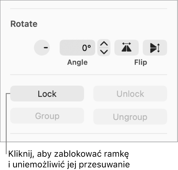 Narzędzia Obrót, Zablokuj oraz Grupuj z wyróżnionym przyciskiem Zablokuj.