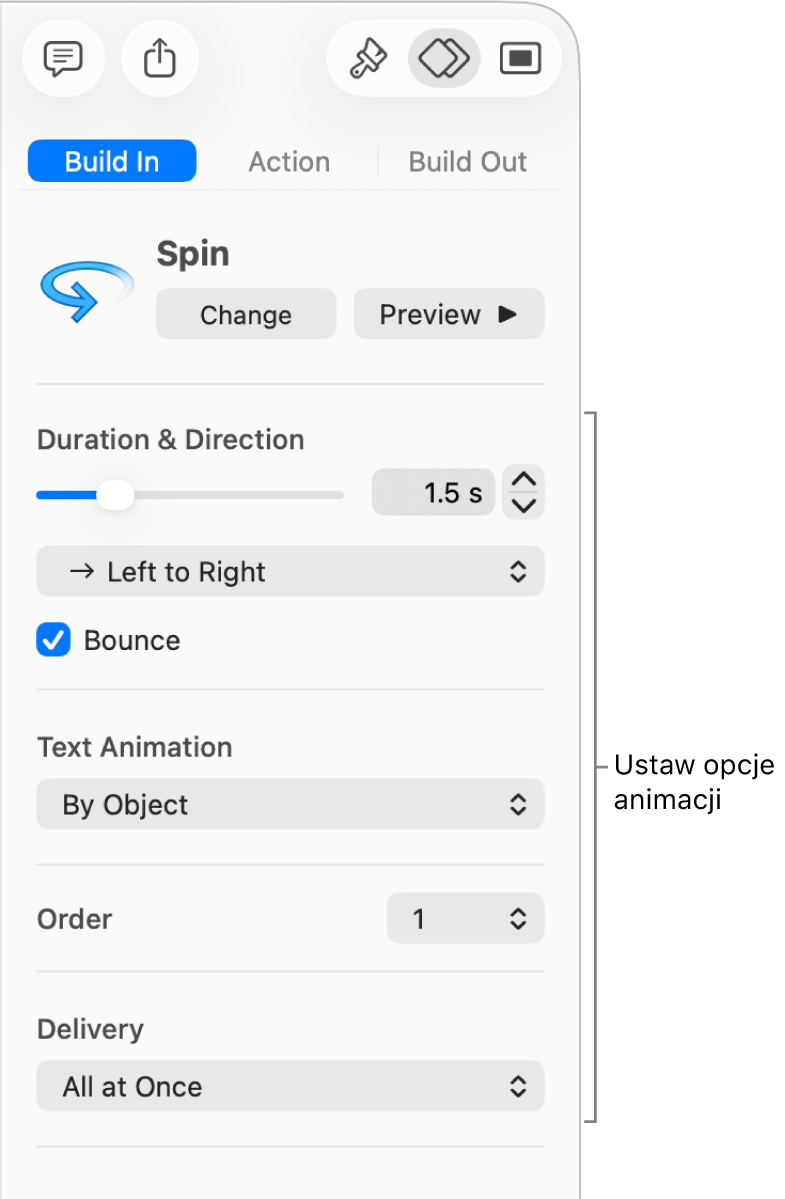 Opcje wejścia w sekcji Animacja na pasku bocznym.
