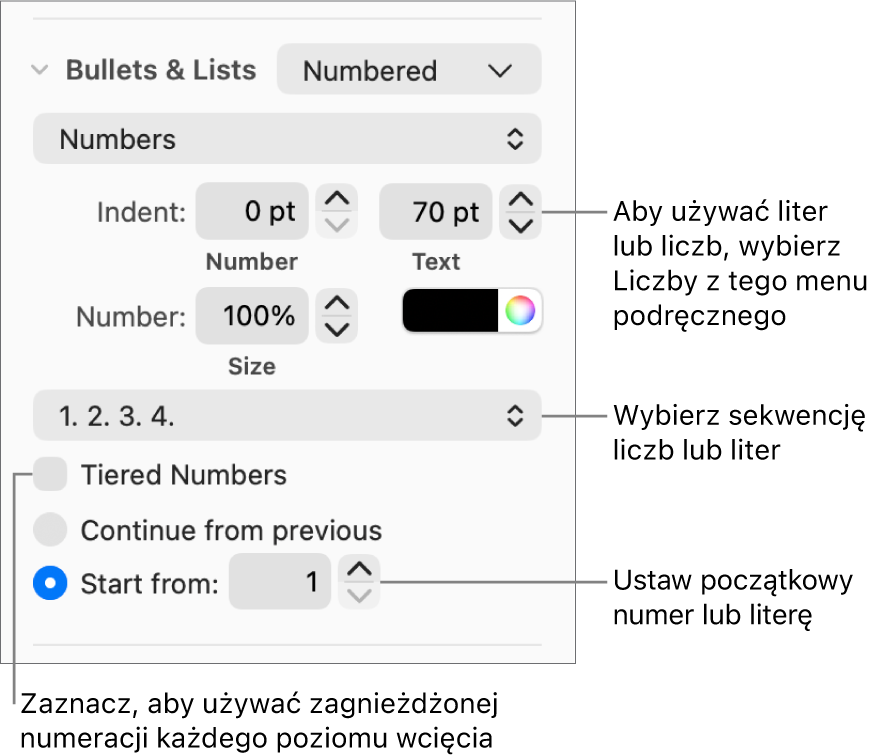 Narzędzia zmieniania stylu numeracji i odstępów listy.
