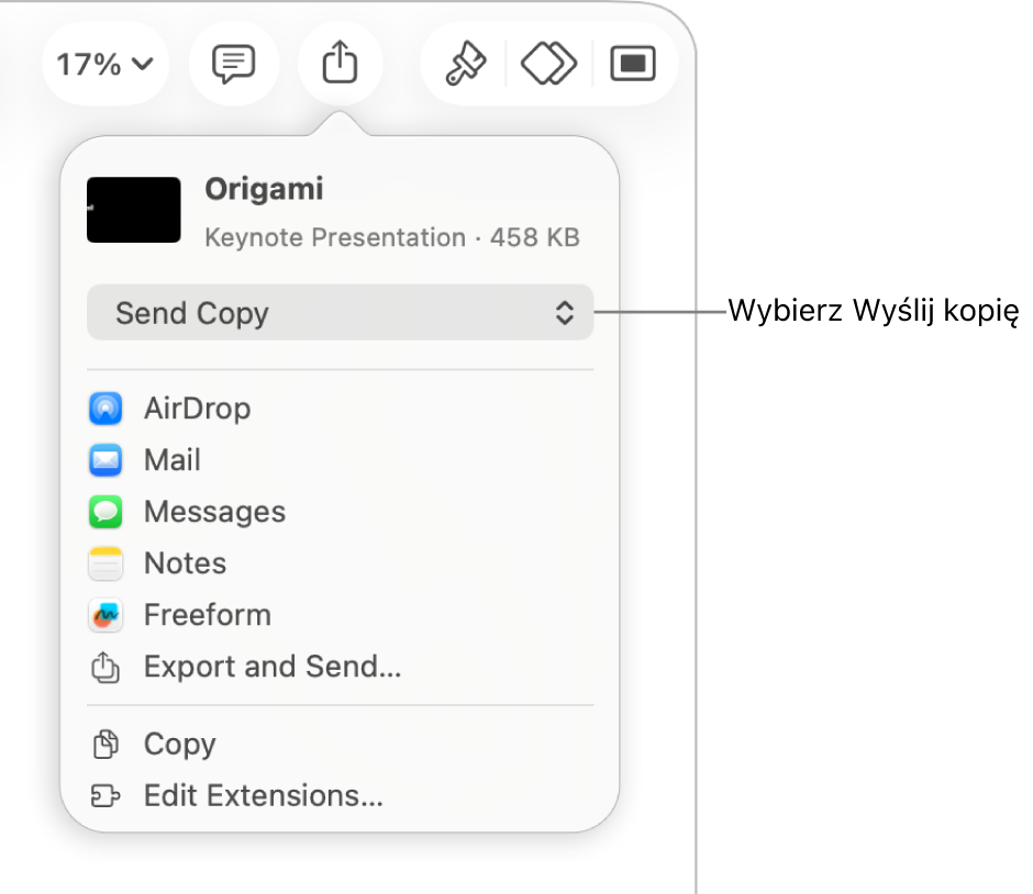 Menu udostępniania z wybraną opcją Wyślij kopię (na górze).