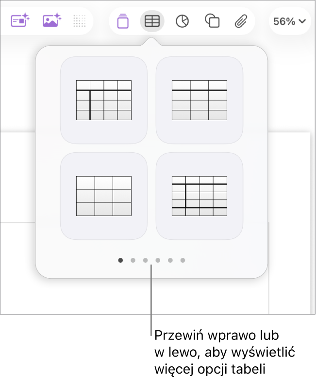 Panel Dodaj tabelę ze strzałkami nawigacji po lewej i po prawej.
