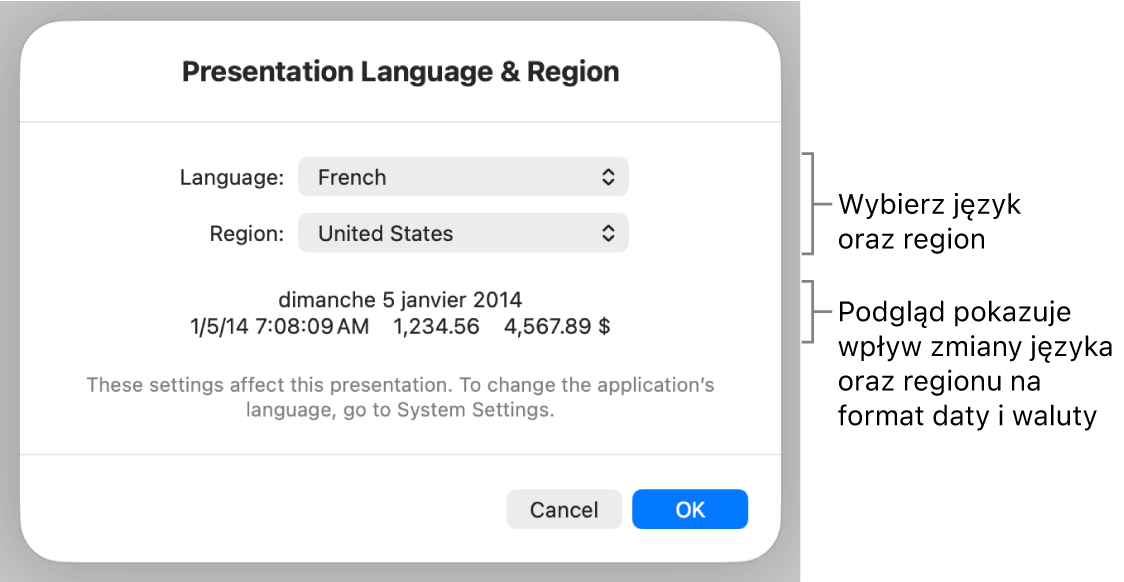 Panel Język i region z narzędziami do ustawień języka i regionu, a także przykład formatu zawierający datę, czas, liczbę dziesiętną oraz walutę.
