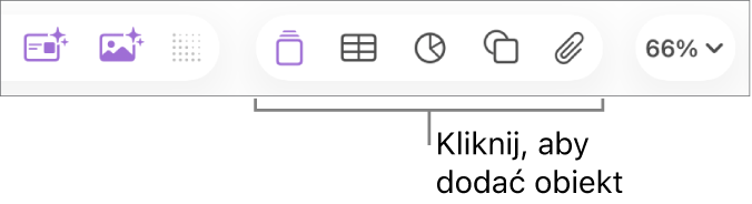 Pasek narzędzi Keynote z przyciskami Tabela, Wykres, Tekst, Kształt i Multimedia.