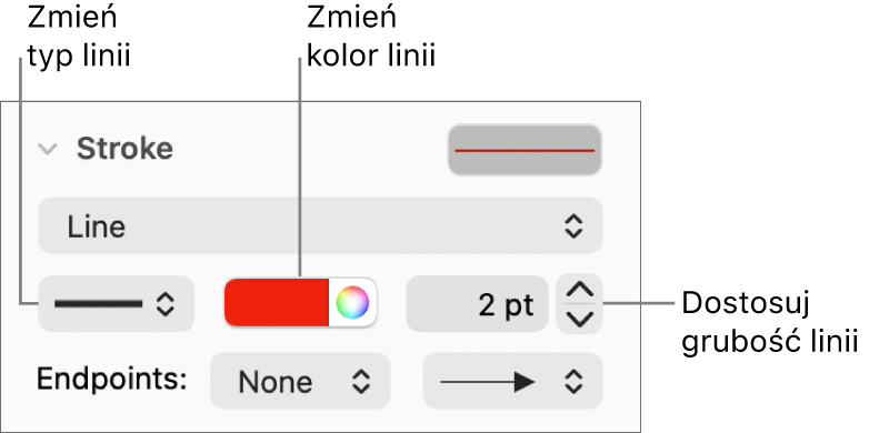 Narzędzia obrysu służące do ustawiania punktów końcowych, grubości linii oraz koloru.