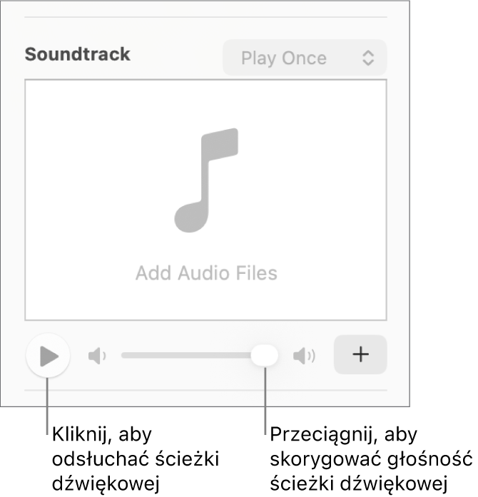 Narzędzia ścieżki dźwiękowej z wyróżnionymi przyciskiem odtwarzania oraz suwakiem głośności.