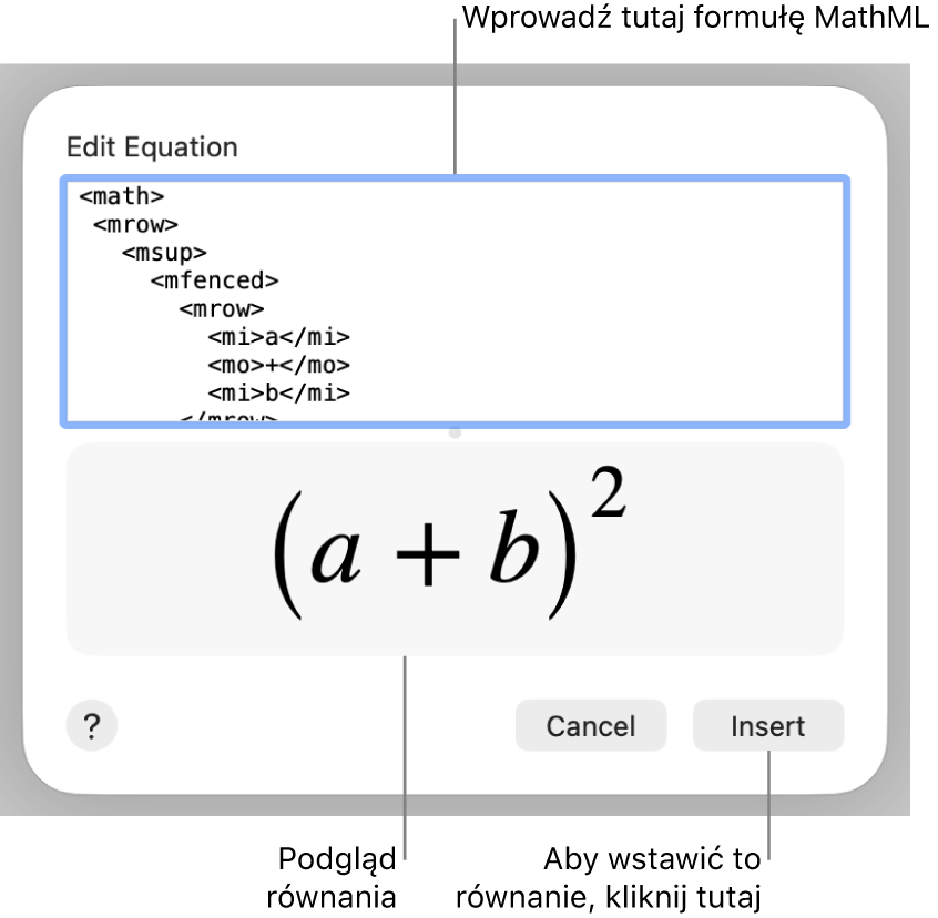 Równanie nachylenia linii zapisane w polu Edycja równania oraz podgląd tego równania poniżej.