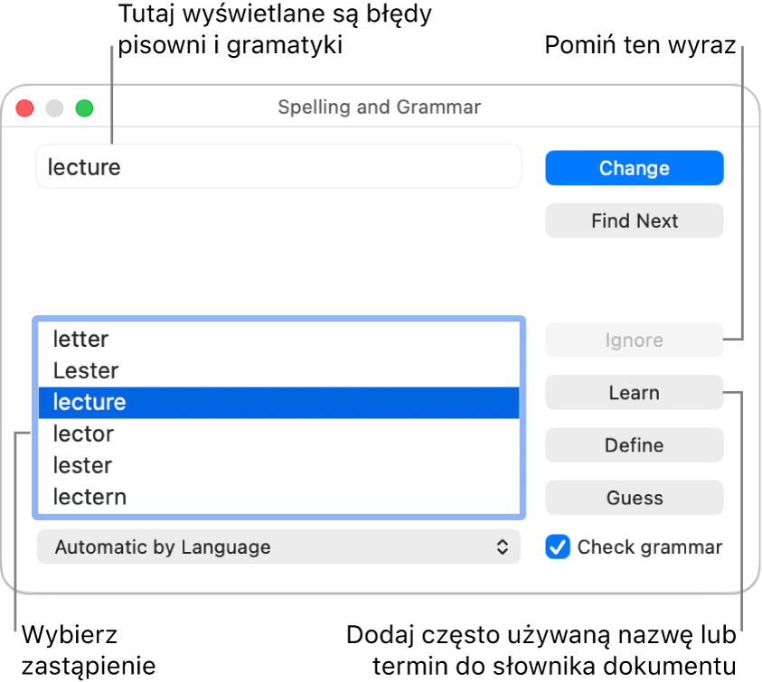 Okno pisowni i gramatyki.