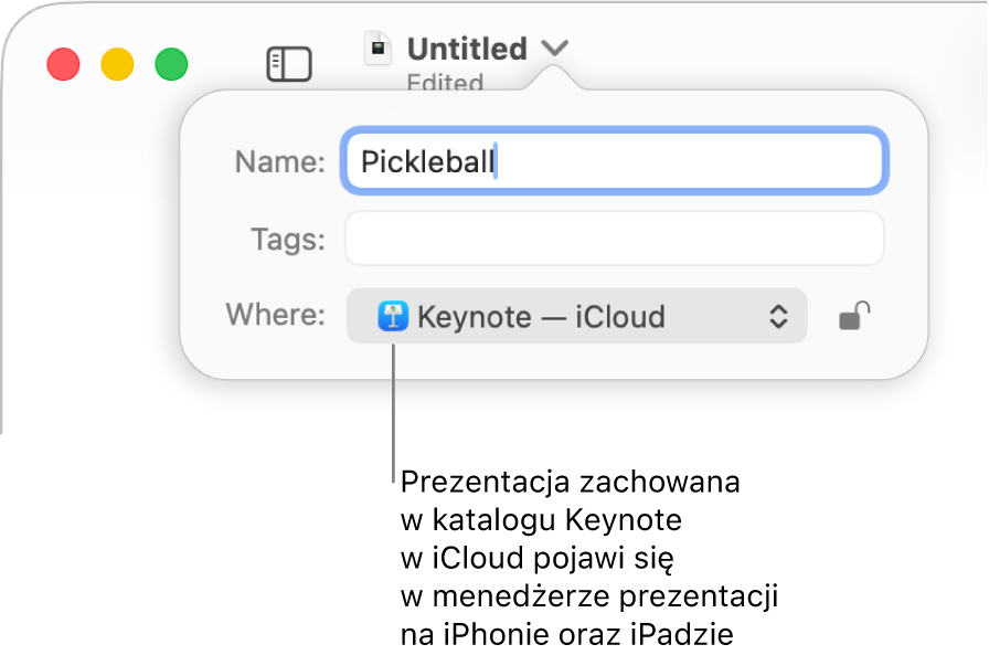 Okno dialogowe zachowywania prezentacji Keynote. W menu podręcznym miejsca wybrany jest iCloud.