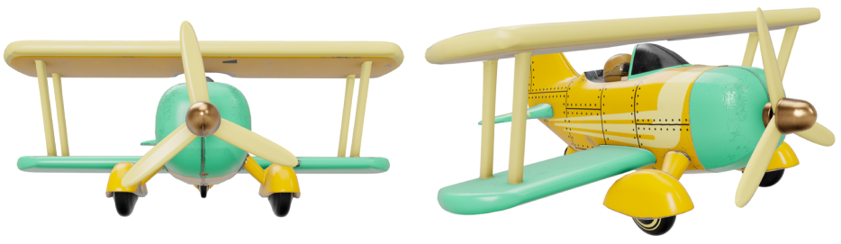 Modelo 3D de um biplano visualizado a partir de dois ângulos.