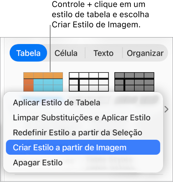 Menu de atalho de estilo da tabela.