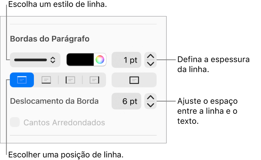 Controles para alterar o estilo, a espessura, a posição e a cor da linha.