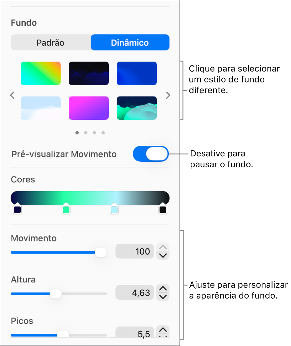 Botão Dinâmico selecionado na seção Fundo da barra lateral Formatar. Os estilos de fundo dinâmico, o controle de pré-visualização do movimento e os controles de aparência são mostrados.