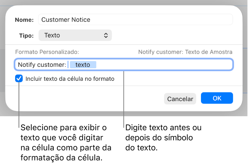 Formato personalizado de célula de texto.