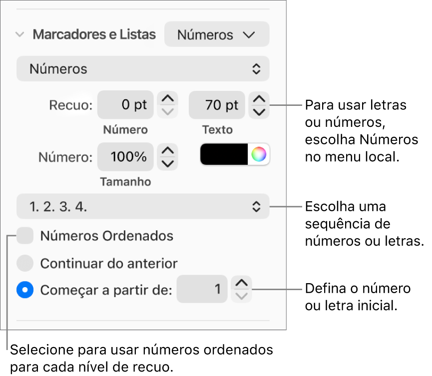 Controles para alterar o estilo dos números e espacejamento de uma lista.