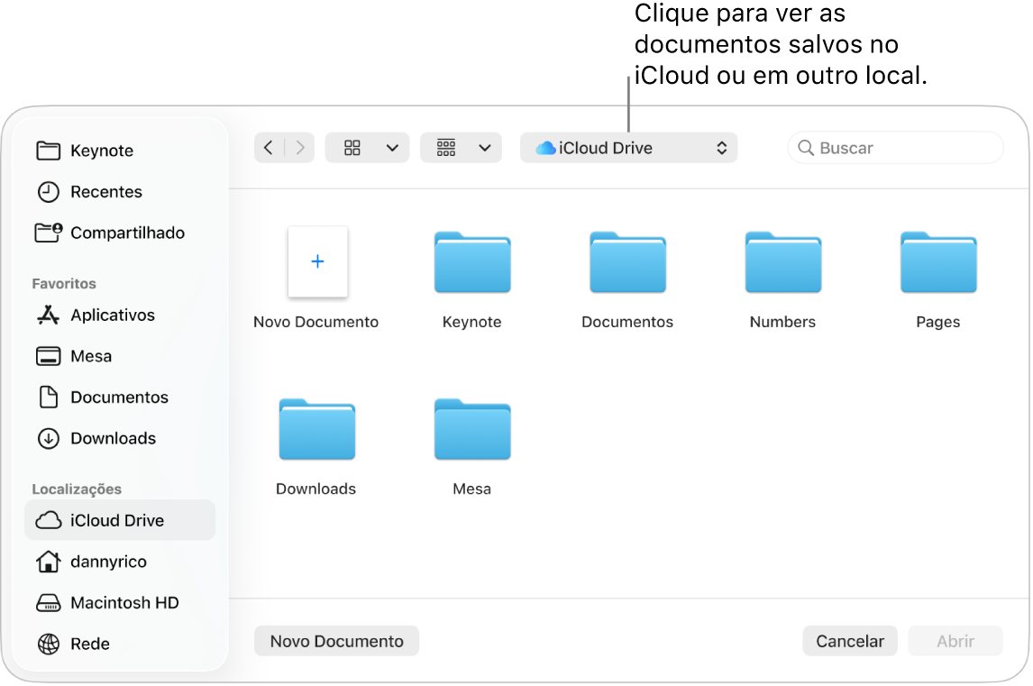 Caixa de diálogo Abrir com a barra lateral aberta à esquerda e iCloud Drive selecionado no menu pop-up na parte superior. As pastas do Keynote, Numbers e Pages são mostradas na caixa de diálogo, além do botão Novo Documento.