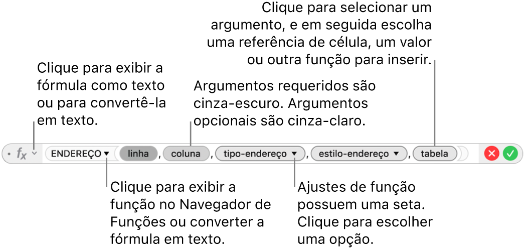 Editor de Fórmula mostrando a função ENDEREÇO e seus tokens de argumento.