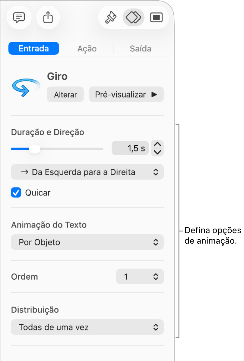 Opções de Entrada na seção Animar da barra lateral.