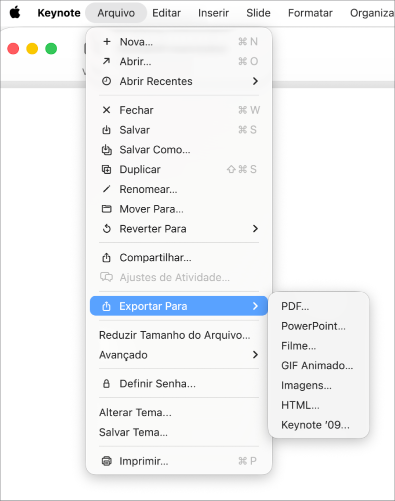 Menu Arquivo aberto com “Exportar para” selecionado e submenu mostrando opções de exportação, como PDF, PowerPoint e Filme.