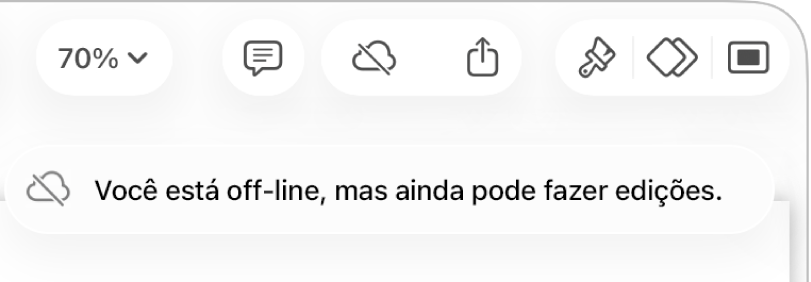 Os botões na parte superior da tela com o botão Colaboração transformado em uma nuvem com uma linha diagonal sobre ela. Alerta na tela informando que “Você está off-line, mas ainda pode fazer edições.”