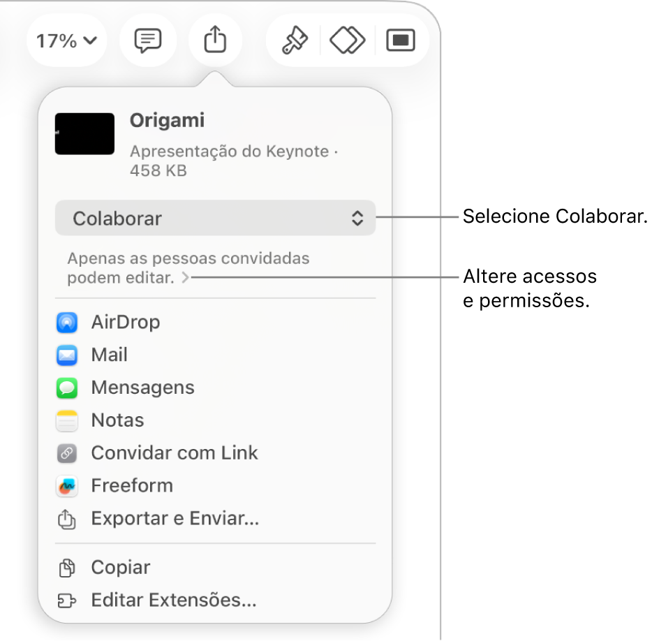 Menu Compartilhar com Colaborar selecionado na parte superior e os ajustes de acesso e permissão abaixo.