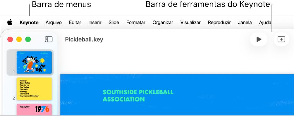 Barra de menus na parte superior da tela com os menus Apple, Keynote, Arquivo, Editar, Inserir, Formatar, Organizar, Visualizar, Reproduzir, Compartilhar, Janela e Ajuda. Abaixo da barra de menus, uma apresentação do Keynote aberta, com botões da barra de ferramentas ao longo da parte superior: Visualizar, Zoom, Adicionar Slide, Reproduzir, Tabela, Gráfico, Texto, Forma e Mídia.
