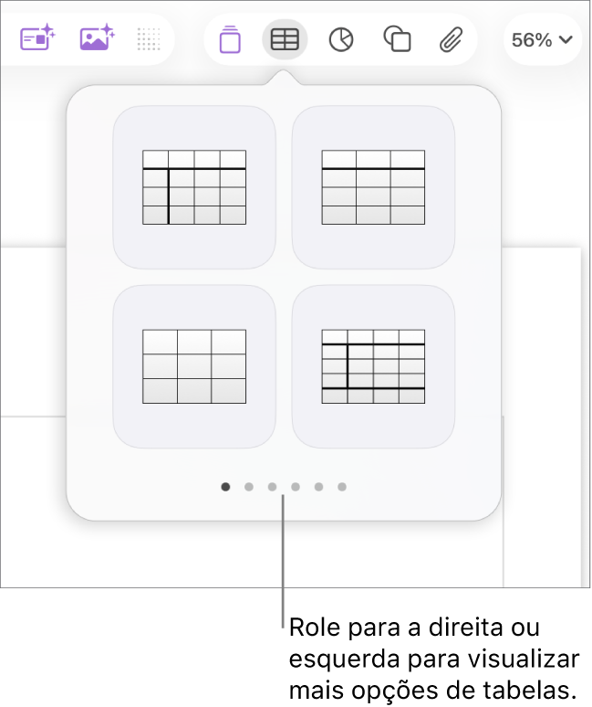 Painel Adicionar Tabela com setas de navegação à esquerda e à direita.