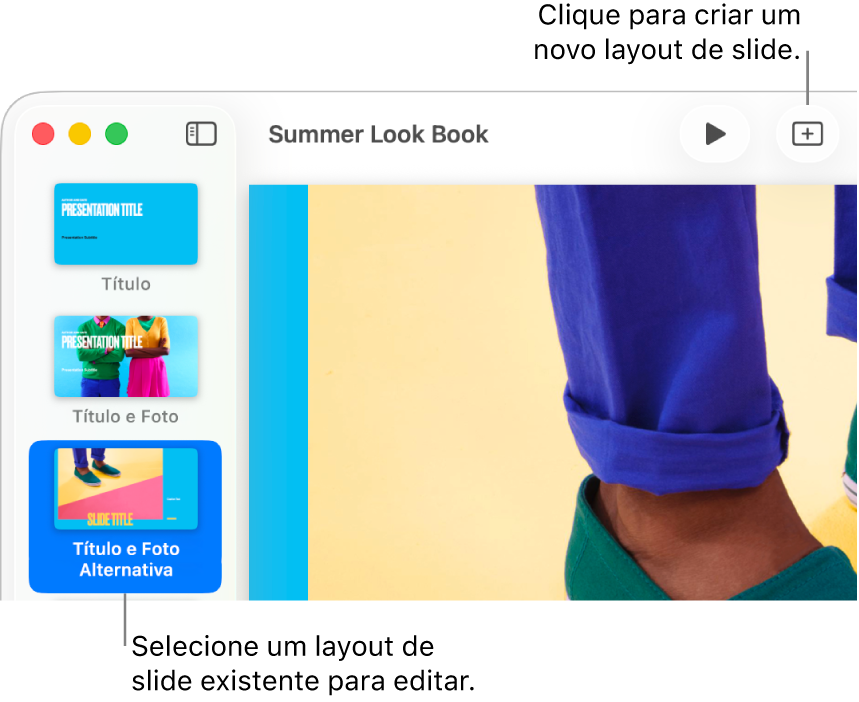 Um layout de slide exibido na área de layouts de slide, com o botão Adicionar Slide acima dele na barra de ferramentas.
