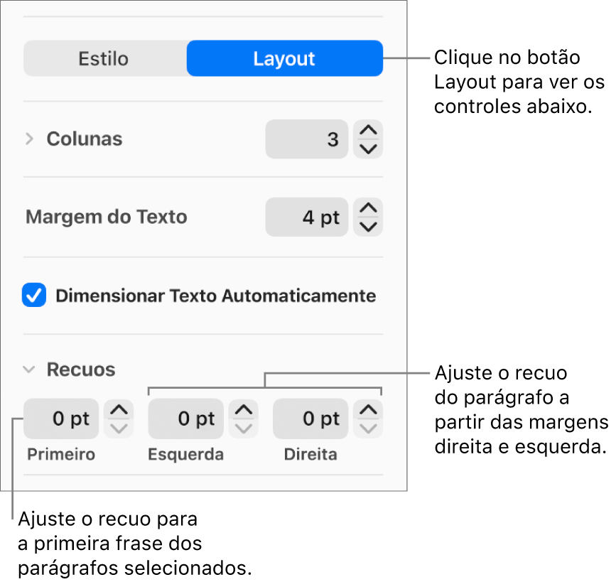 Seção Layout da barra lateral Formatar mostrando controles para ajuste do recuo da primeira linha e das margens do parágrafo.