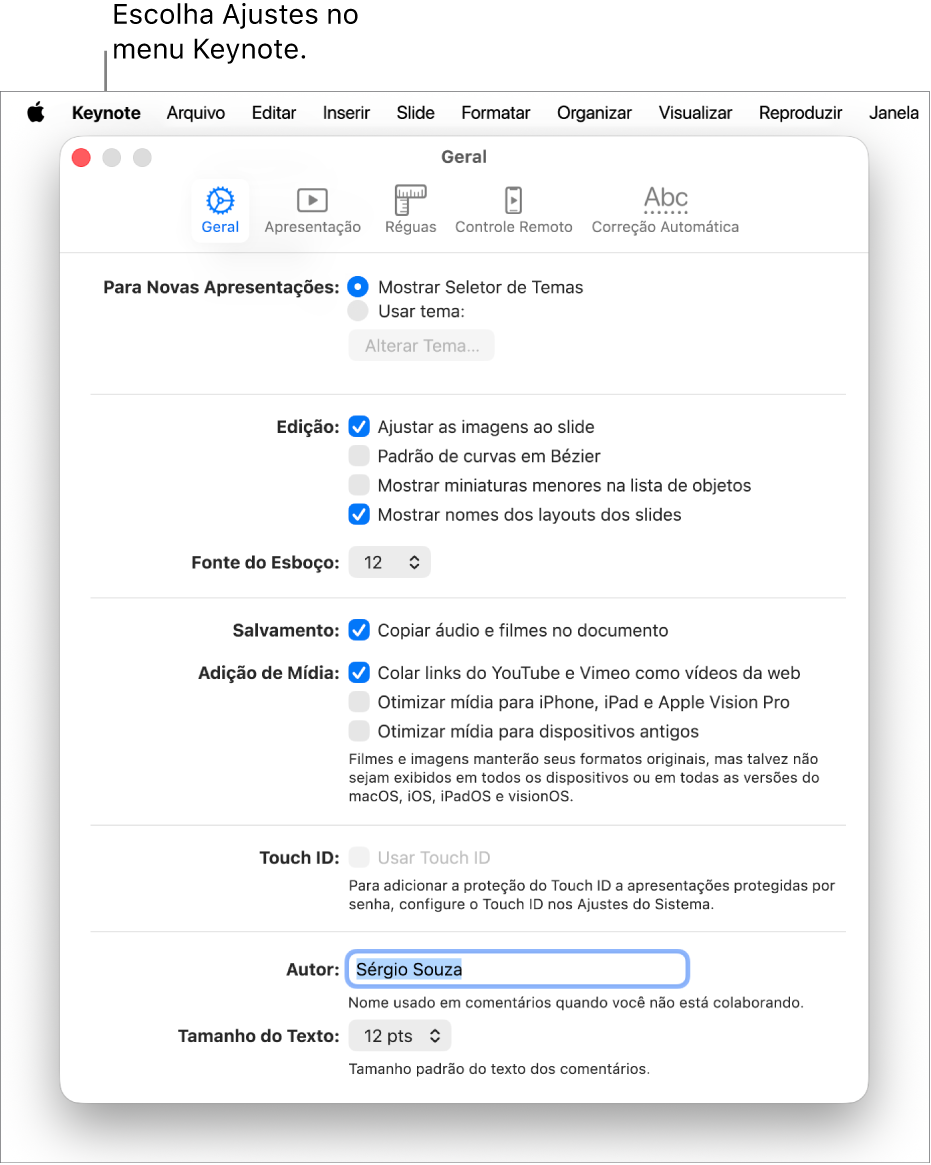 Janela de ajustes do Keynote aberta no painel Geral.