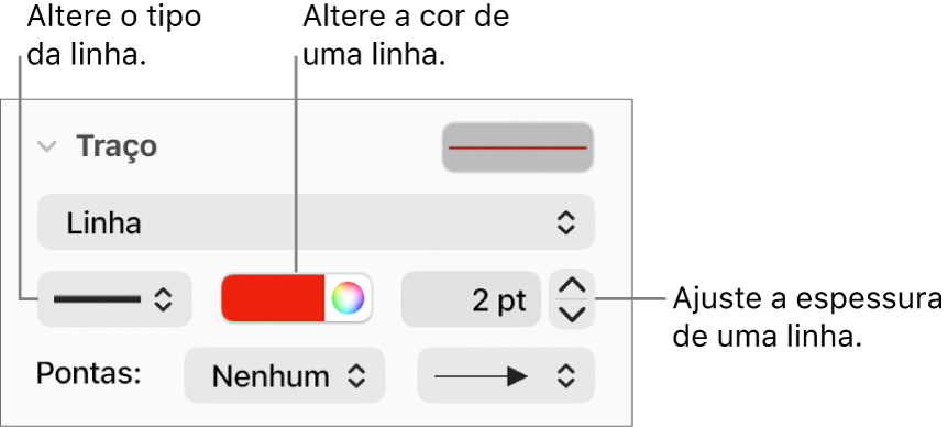 Controles de traço para definir pontas, espessura de linha e cor.