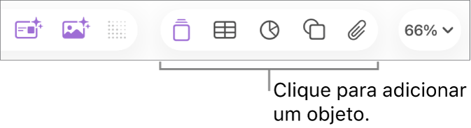 Barra de ferramentas do Keynote com os botões Tabela, Gráfico, Texto, Forma e Mídia.