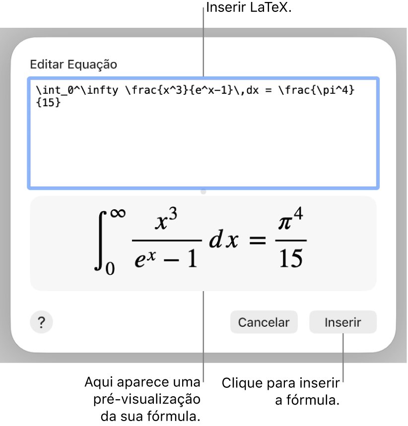 A fórmula quadrática escrita com LaTeX no campo Equação e uma pré-visualização da fórmula abaixo.
